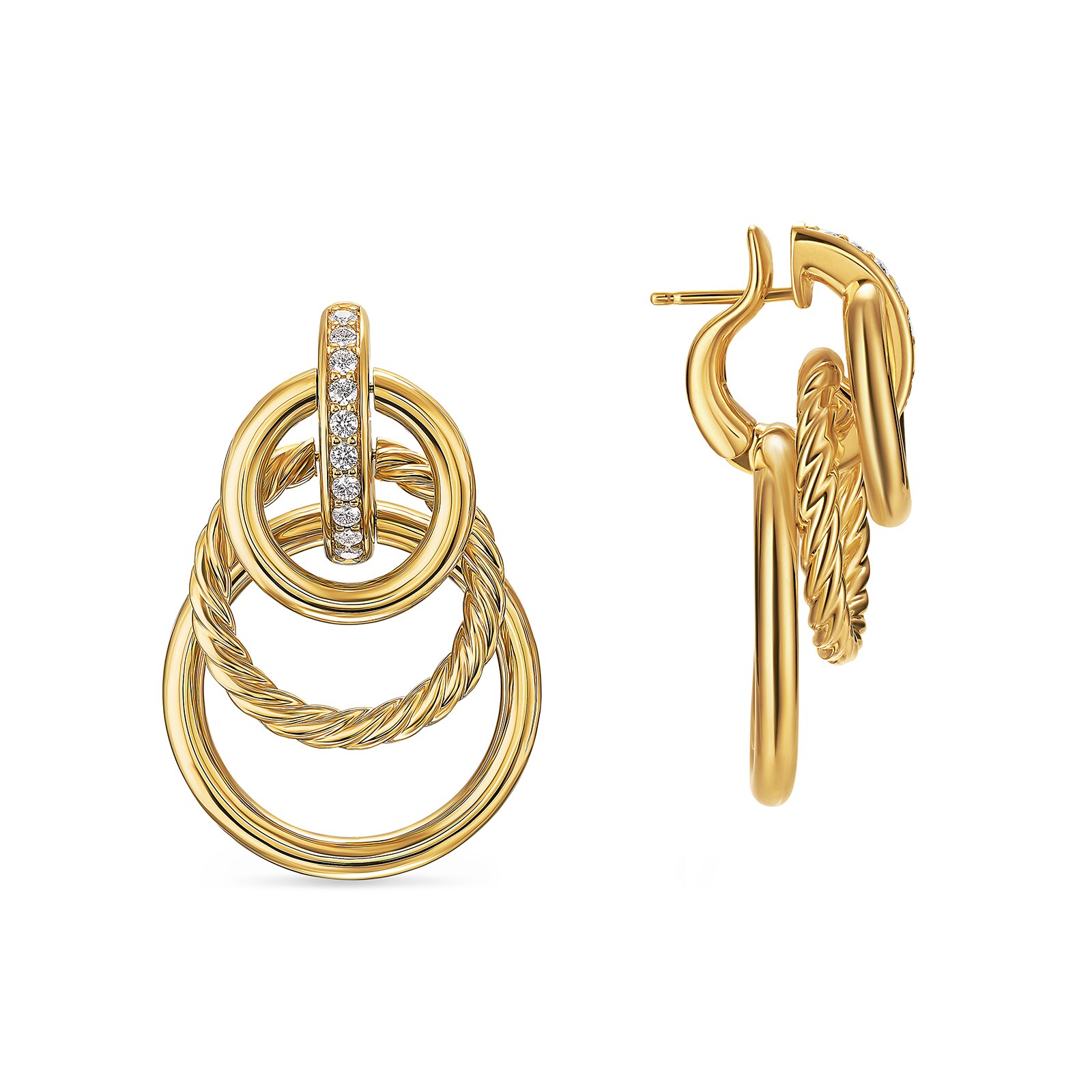 David Yurman DY Mercer® Triple Ring Drop Earrings in 18ct Yellow Gold with Diamonds, 35.6mm