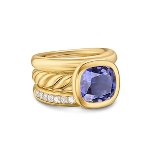 David Yurman DY Mercer® Three Row Stone Ring in 18ct Yellow Gold with Iolite and Diamonds, 12mm