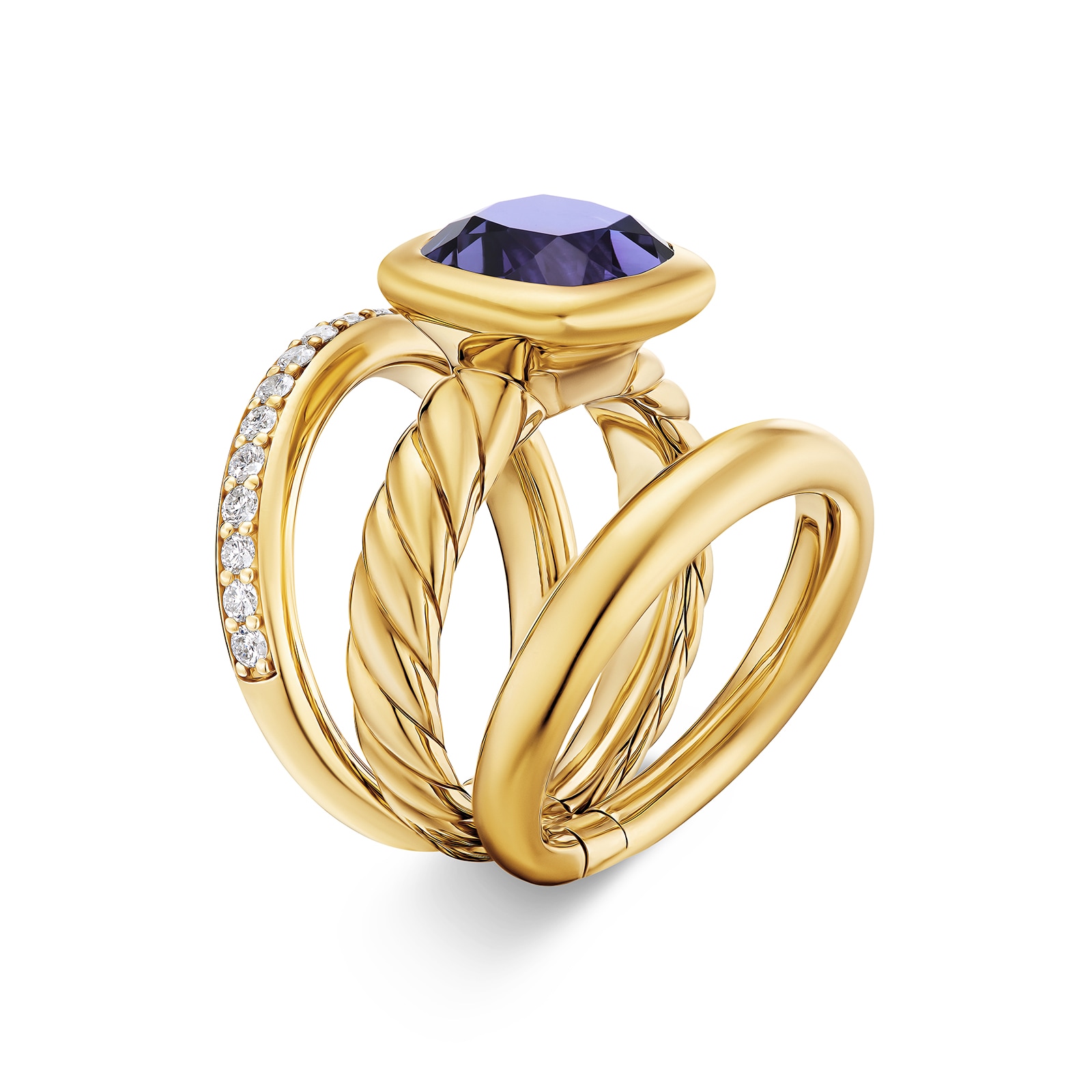David Yurman DY Mercer® Three Row Stone Ring in 18ct Yellow Gold with Iolite and Diamonds, 12mm