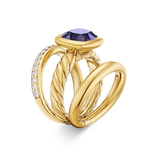 David Yurman DY Mercer® Three Row Stone Ring in 18ct Yellow Gold with Iolite and Diamonds, 12mm