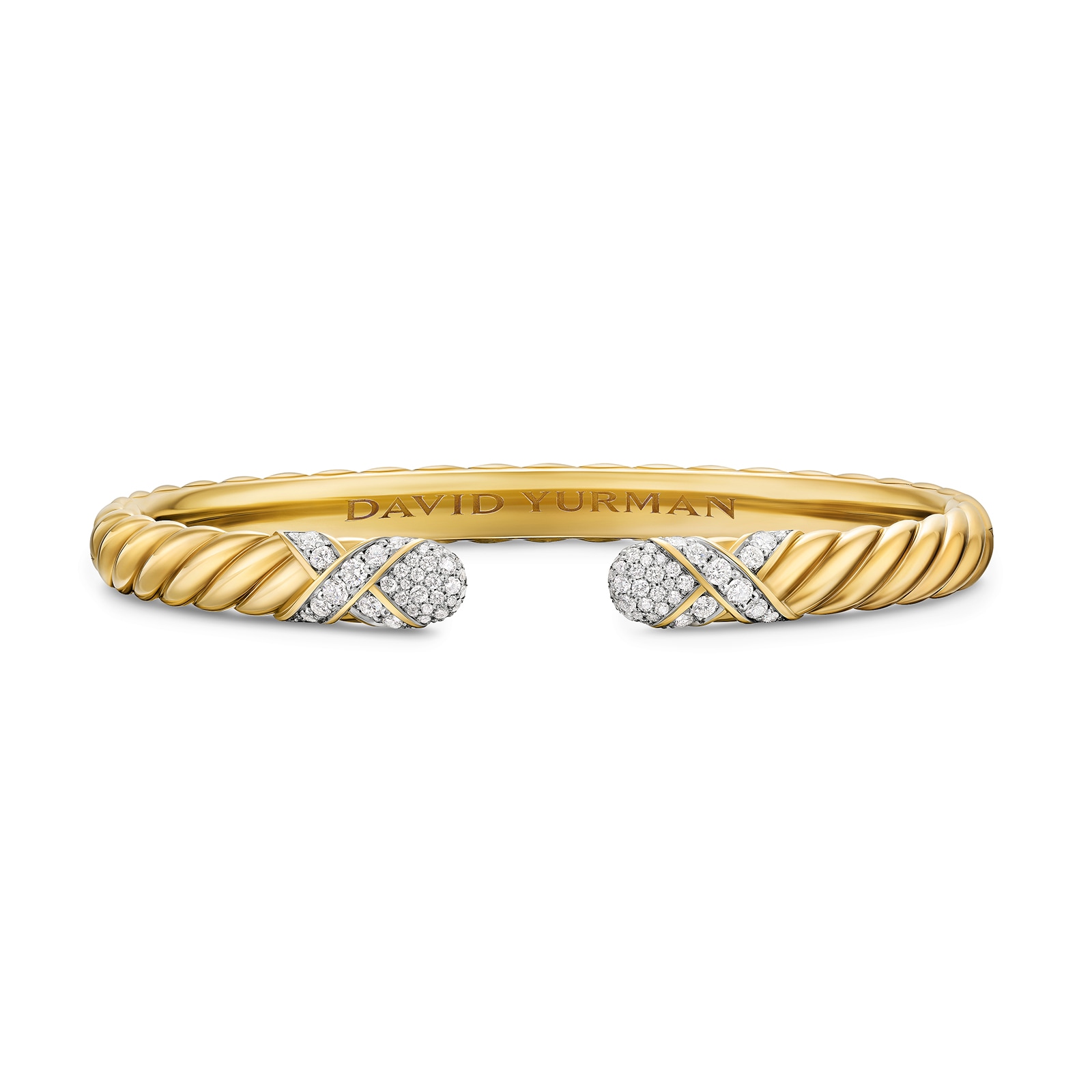 David Yurman Sculpted Cable X Cuff Bracelet in 18ct Yellow Gold with Diamonds, 6.2mm