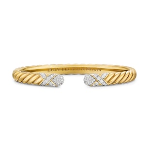 David Yurman Sculpted Cable X Cuff Bracelet in 18ct Yellow Gold with Diamonds, 6.2mm