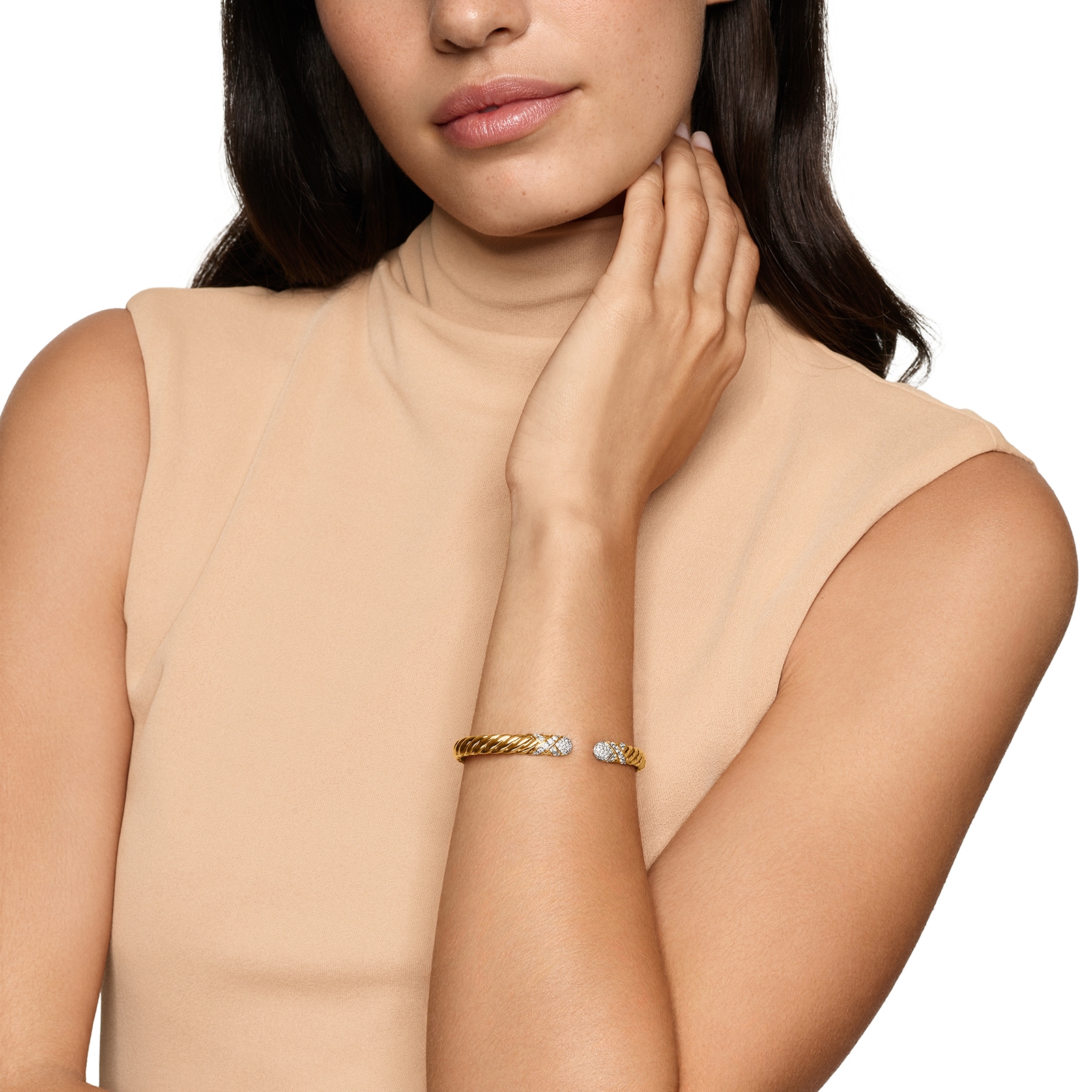 David Yurman Sculpted Cable X Cuff Bracelet in 18ct Yellow Gold with Diamonds, 6.2mm