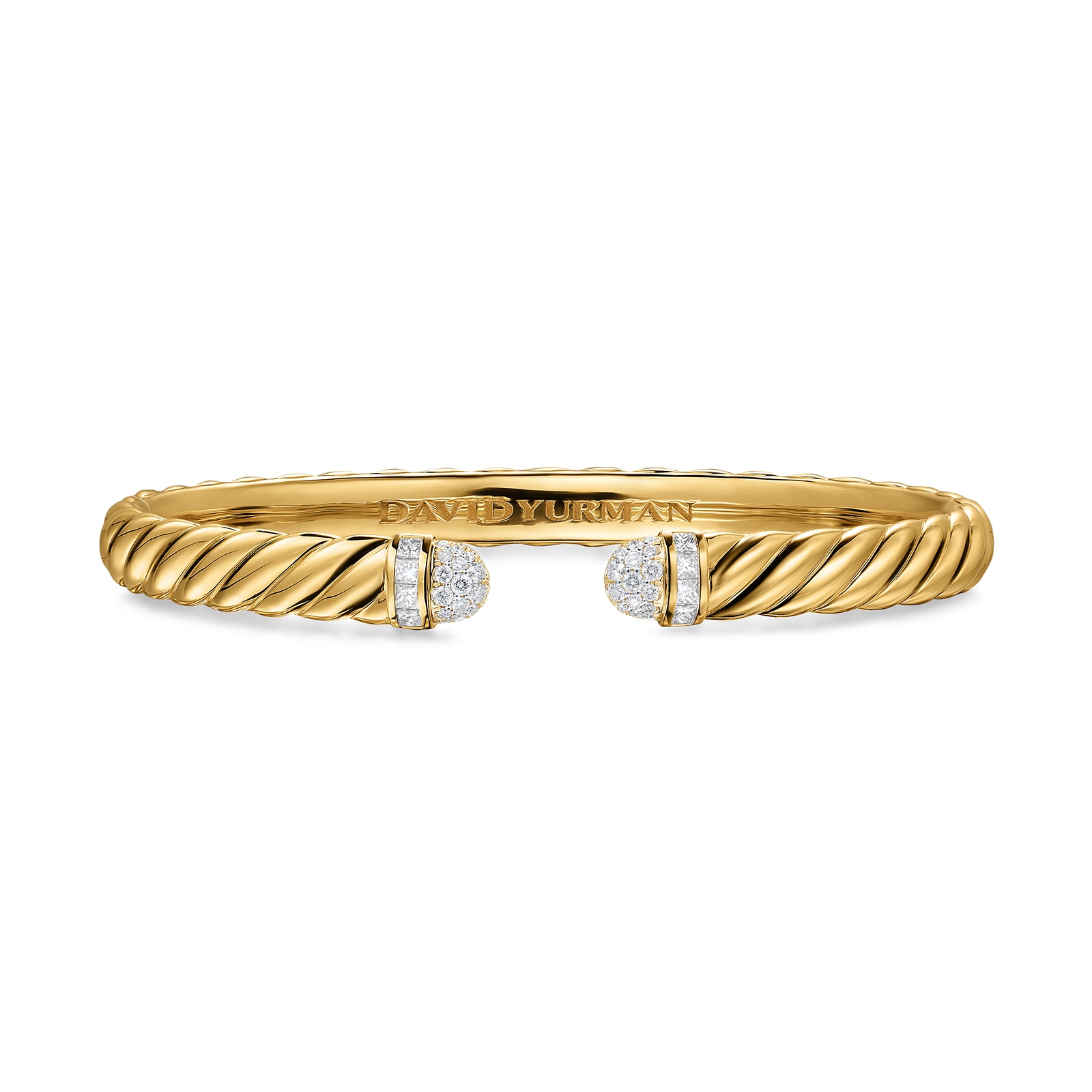 David Yurman Sculpted Cable Cuff Bracelet in 18ct Yellow Gold with Pavé Diamond Domes, 6.2mm