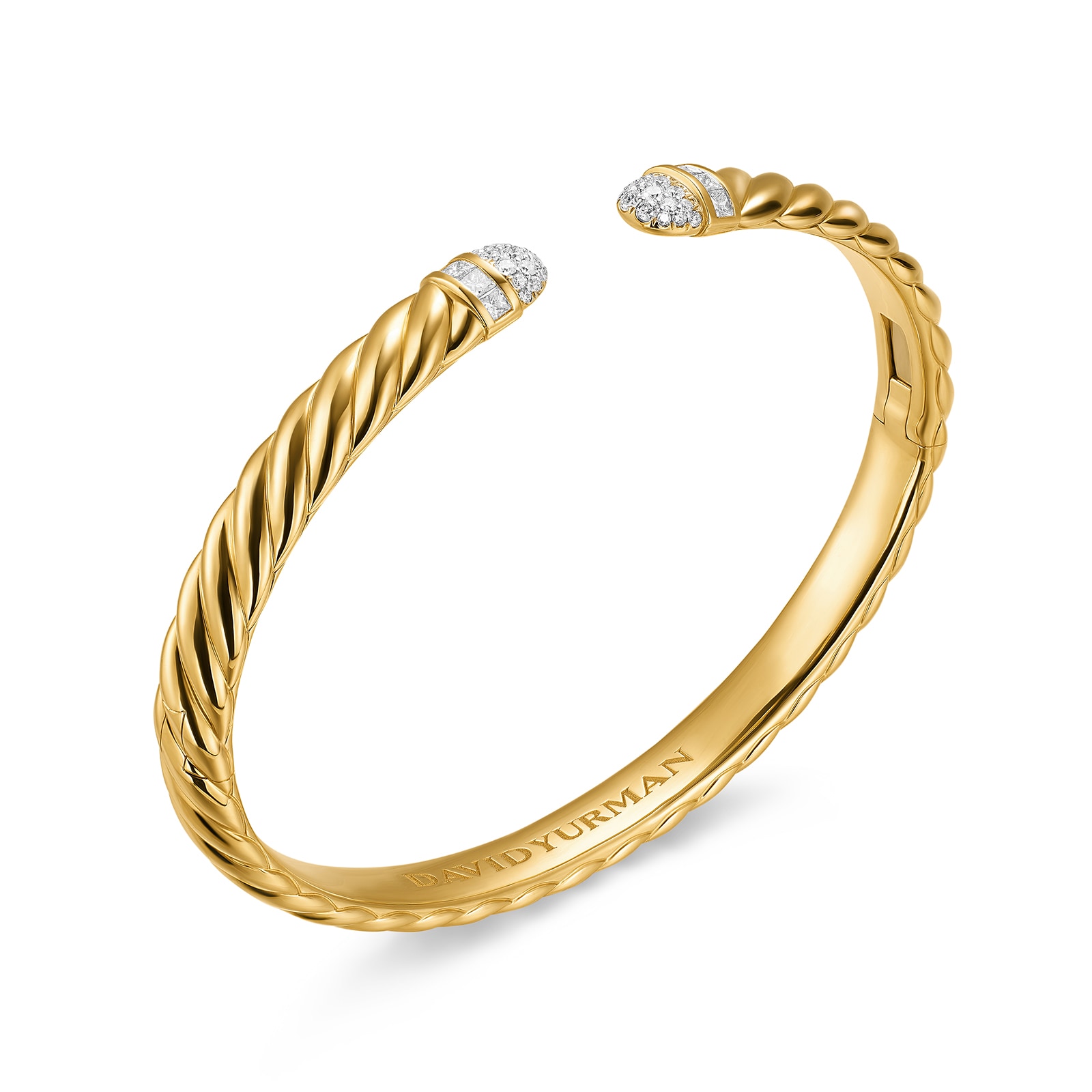 David Yurman Sculpted Cable Cuff Bracelet in 18ct Yellow Gold with Pavé Diamond Domes, 6.2mm