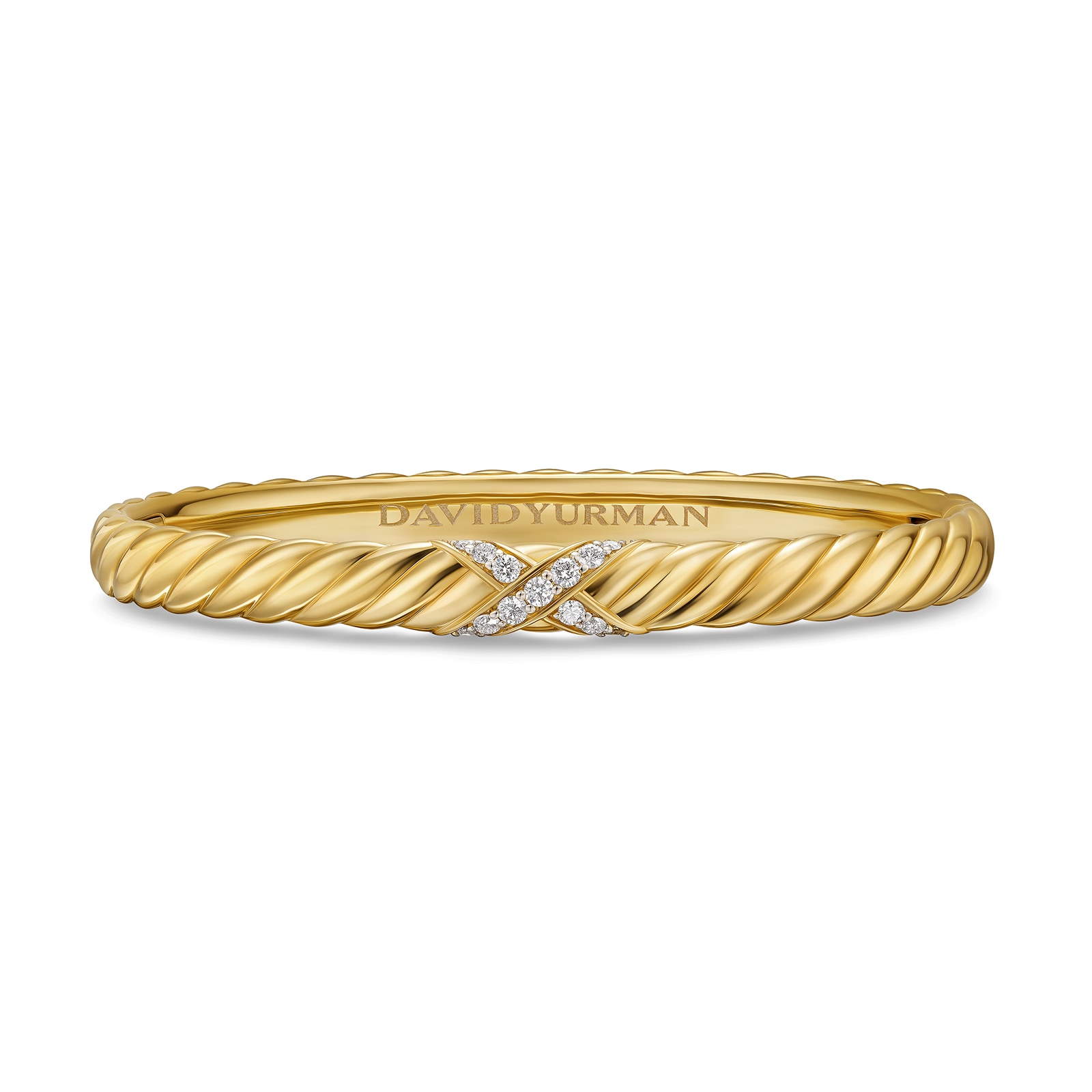David Yurman Sculpted Cable X Center Station Cuff Bracelet in 18ct Yellow Gold with Diamonds, 6.2mm