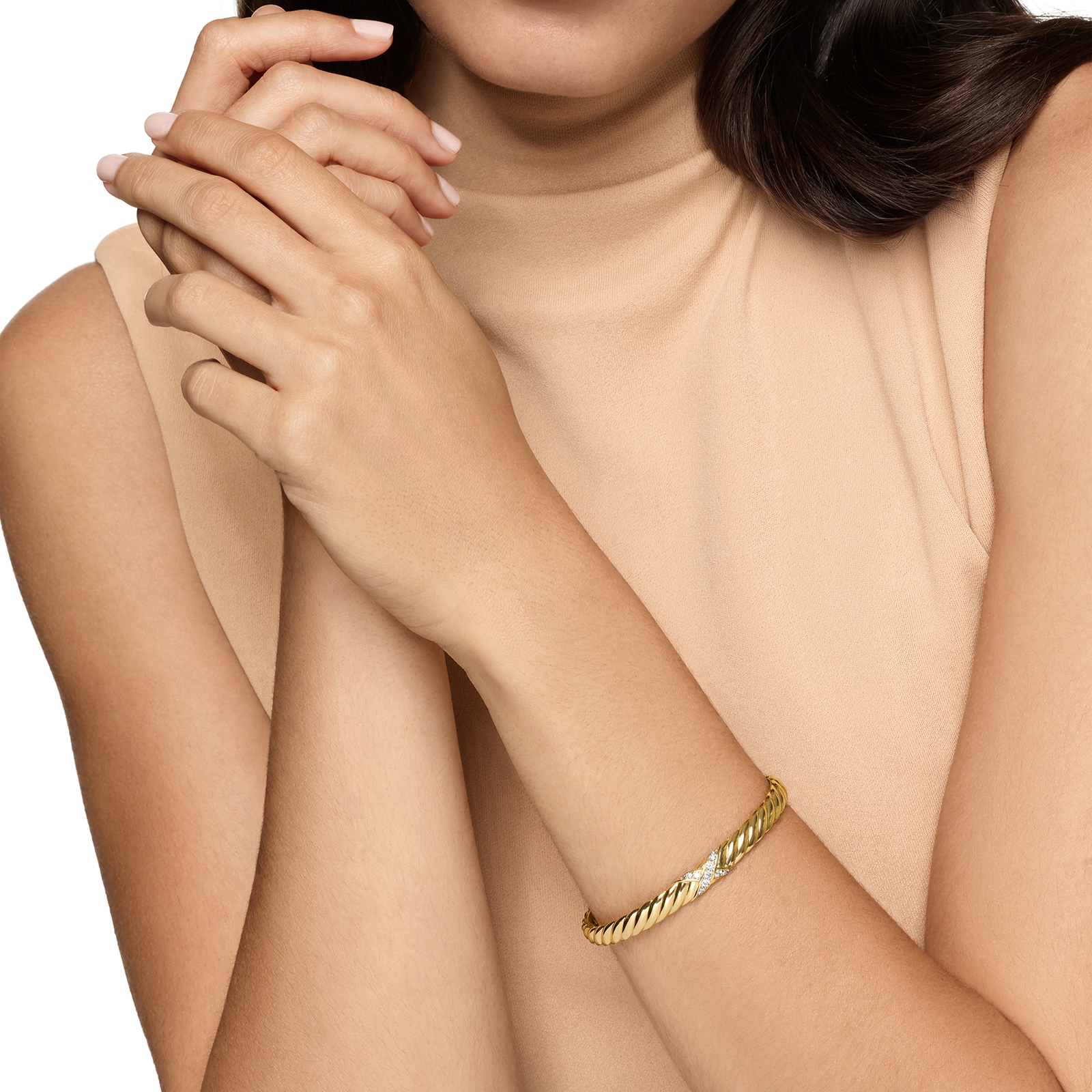 David Yurman Sculpted Cable X Center Station Cuff Bracelet in 18ct Yellow Gold with Diamonds, 6.2mm