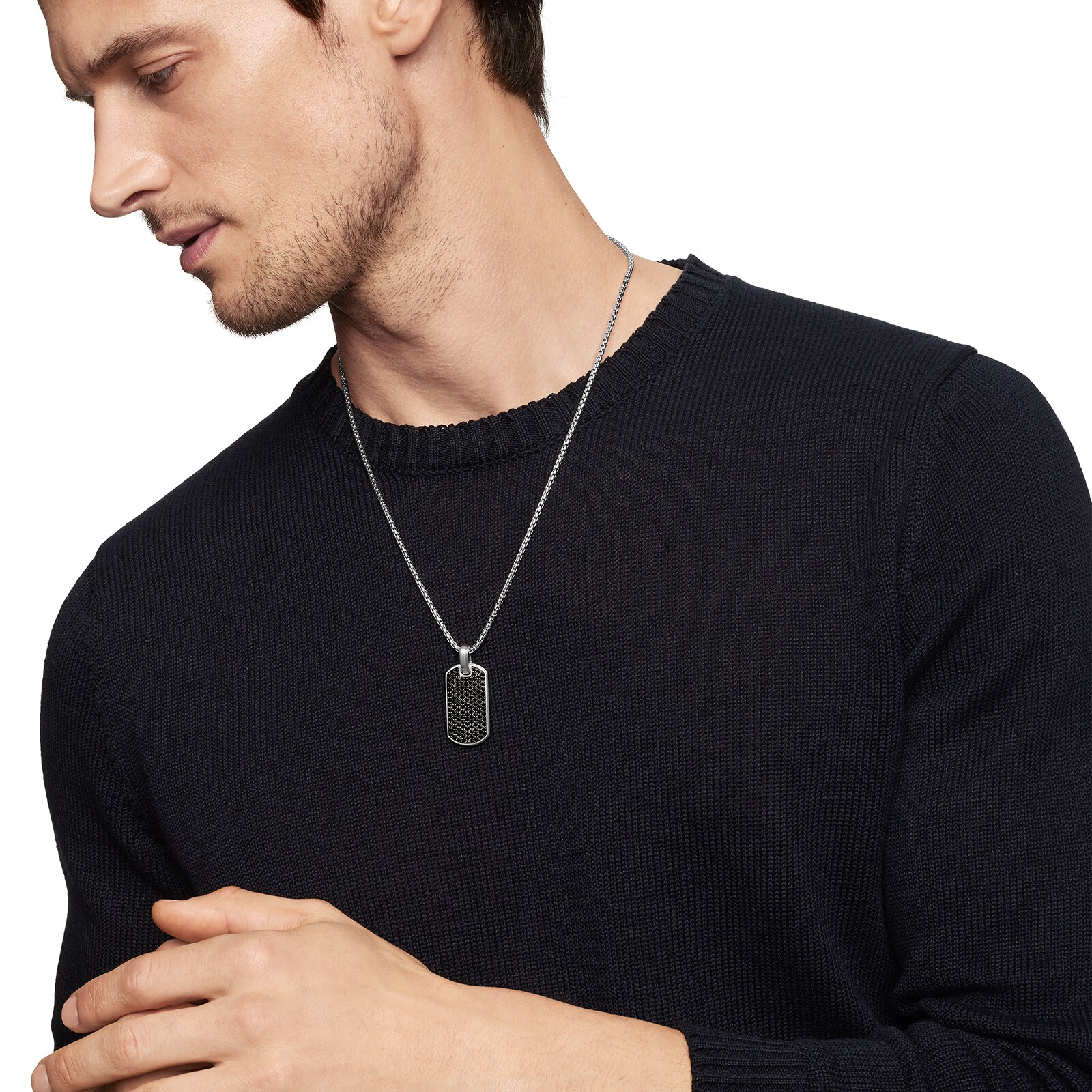 David Yurman Chevron Tag In Sterling Silver With Black Diamonds, 35mm David Yurman Chevron Tag In Sterling Silver With Black Diamonds, 35mm