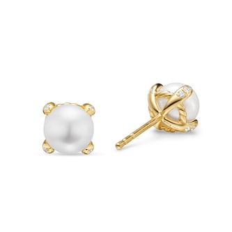 David Yurman Pearl Classics Stud Earrings In 18ct Yellow Gold With Diamonds, 6.5mm David Yurman Pearl Classics Stud Earrings In 18ct Yellow Gold With Diamonds, 6.5mm
