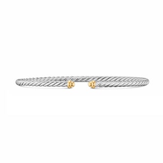 David Yurman Micro Cable Open Flex Bracelet In Sterling Silver And 14ct Yellow Gold, 2.6mm - Size Small