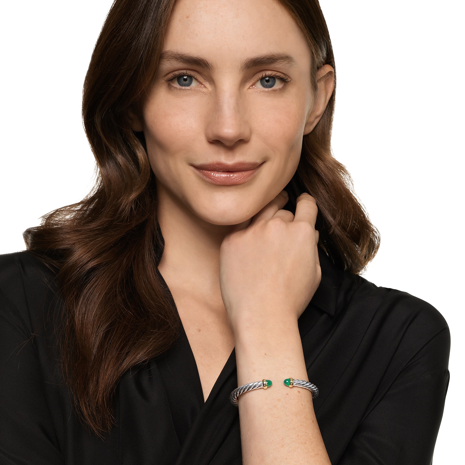 David Yurman Cable Flex Bracelet In Sterling Silver And 14ct Yellow Gold With Green Onyx, 6mm - Size Small