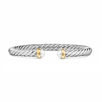 David Yurman Cable Flex Bracelet In Sterling Silver And 14ct Yellow Gold With Pearl, 6mm - Size Small