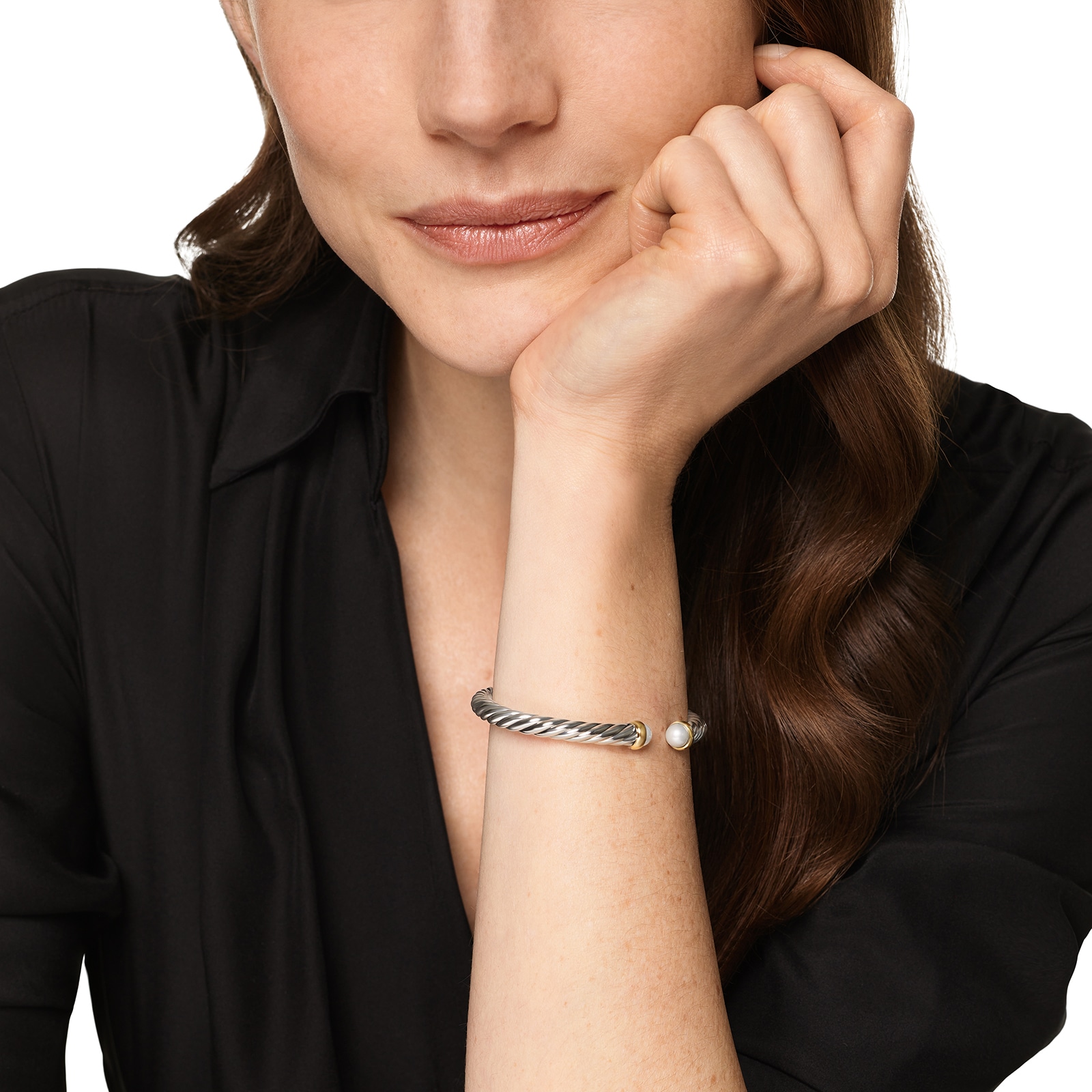 David Yurman Cable Flex Bracelet In Sterling Silver And 14ct Yellow Gold With Pearl, 6mm - Size Small