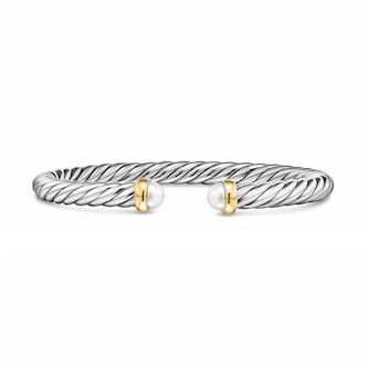 David Yurman Cable Flex Bracelet In Sterling Silver And 14ct Yellow Gold With Pearl, 6mm - Size Medium