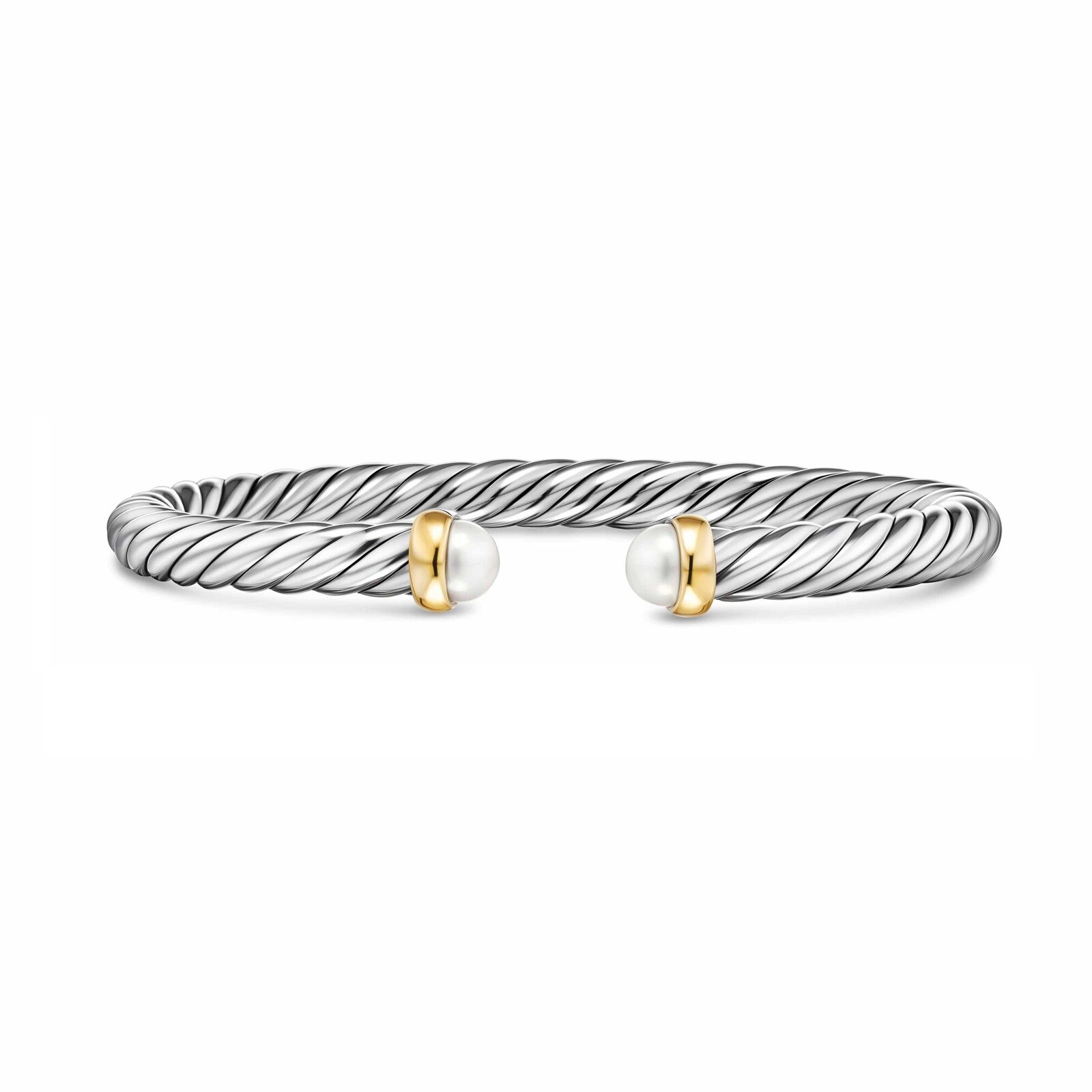 David Yurman Cable Flex Bracelet In Sterling Silver And 14ct Yellow Gold With Pearl, 6mm - Size Large