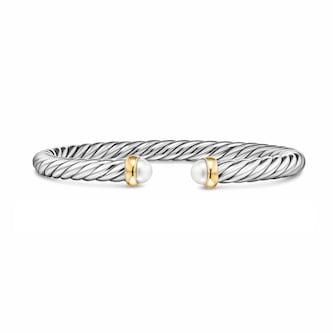 David Yurman Cable Flex Bracelet In Sterling Silver And 14ct Yellow Gold With Pearl, 6mm - Size Large