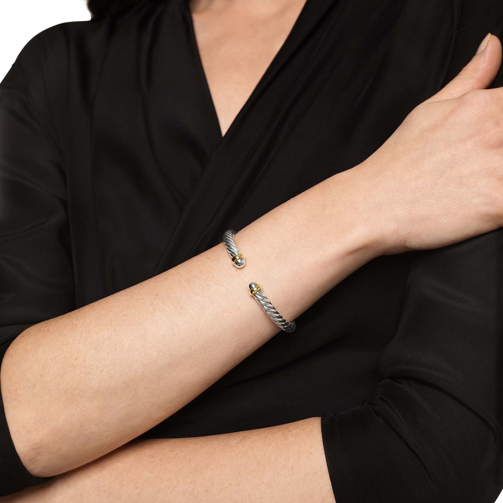 David Yurman Cable Flex Bracelet In Sterling Silver And 14ct Yellow Gold, 6mm - Size Large