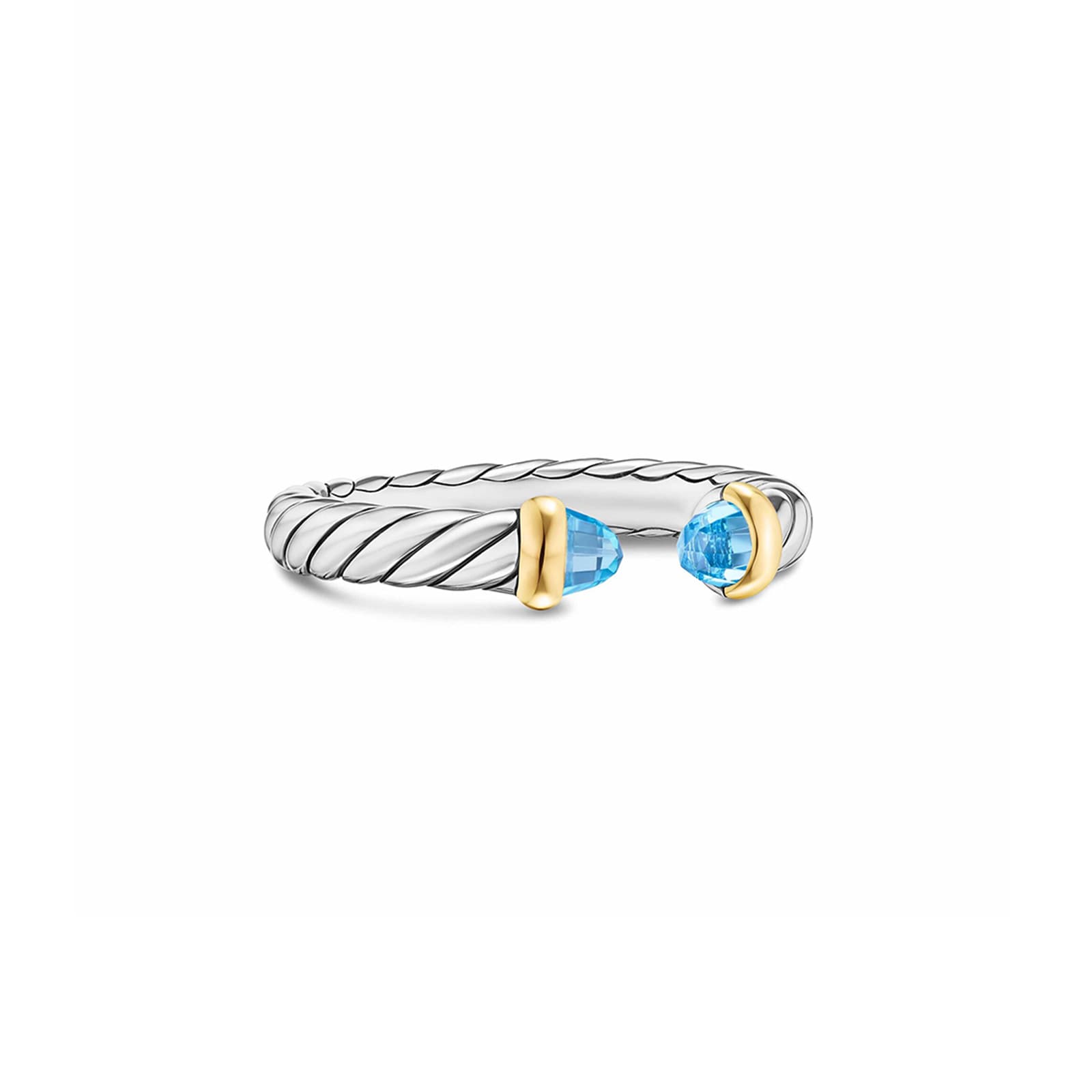 David Yurman Petite Cable Open Ring In Sterling Silver And 14ct Yellow Gold With Blue Topaz, 3.4mm - Size 7