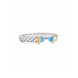 David Yurman Petite Cable Open Ring In Sterling Silver And 14ct Yellow Gold With Blue Topaz, 3.4mm - Size 7