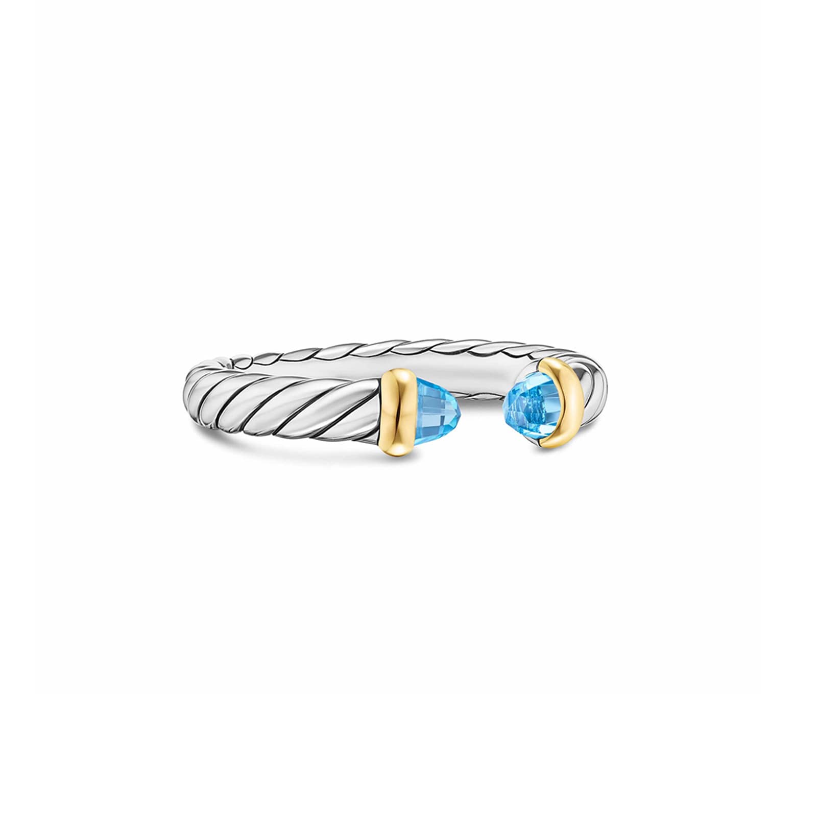 David Yurman Petite Cable Open Ring In Sterling Silver And 14ct Yellow Gold With Blue Topaz, 3.4mm - Size 6 David Yurman Petite Cable Open Ring In Sterling Silver And 14ct Yellow Gold With Blue Topaz, 3.4mm - Size 6