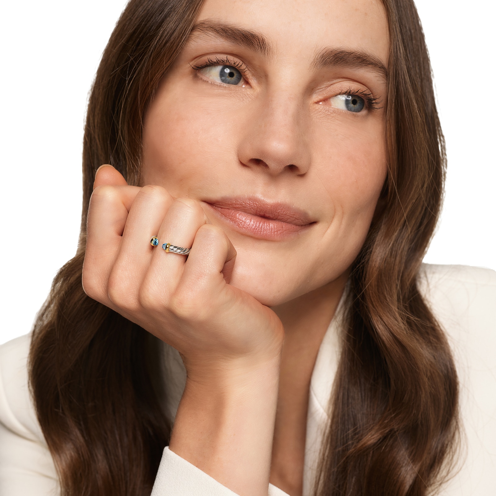 David Yurman Petite Cable Open Ring In Sterling Silver And 14ct Yellow Gold With Blue Topaz, 3.4mm - Size 6