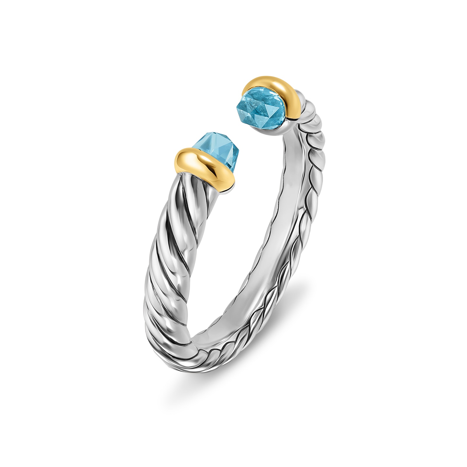 David Yurman Petite Cable Open Ring In Sterling Silver And 14ct Yellow Gold With Blue Topaz, 3.4mm - Size 6 David Yurman Petite Cable Open Ring In Sterling Silver And 14ct Yellow Gold With Blue Topaz, 3.4mm - Size 6