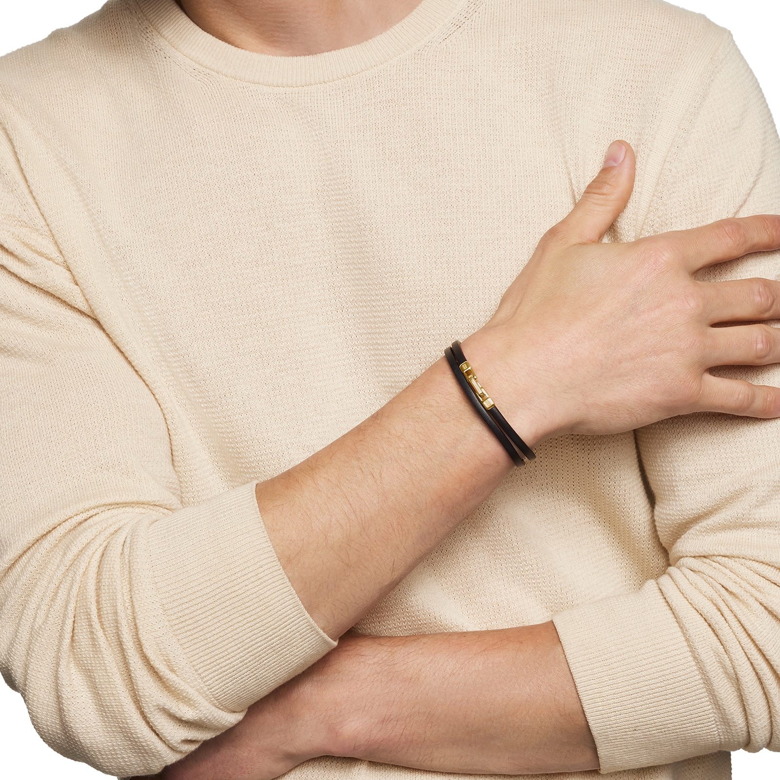 David Yurman Streamline® Double Wrap Bracelet In Black Leather With 18ct Yellow Gold, 5.2mm - Size Medium