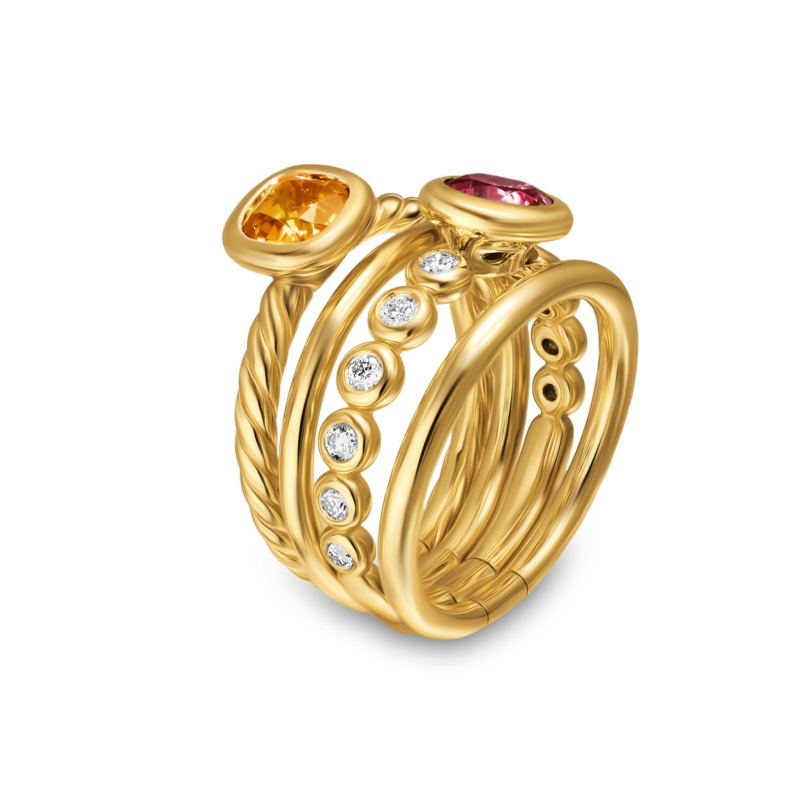 David Yurman DY Mercer® Multi Row 2 Stone Ring In 18ct Yellow Gold With Citrine, Pink Tourmaline And Diamonds, 10mm - Ring Size 8