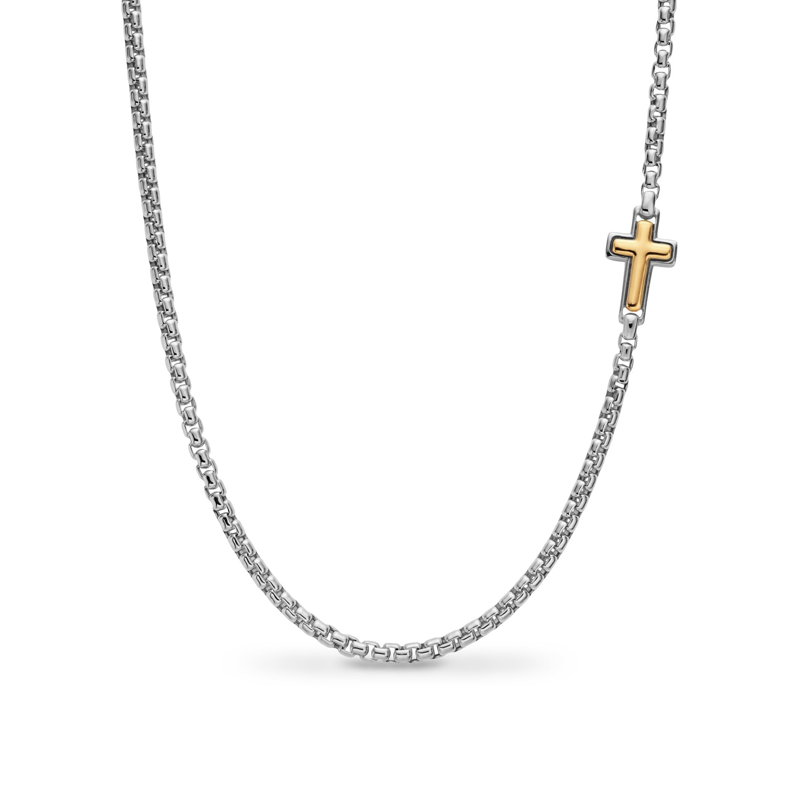 Cross Station Box Chain Necklace In Sterling Silver And 14ct Yellow Gold, 3.6mm - 20 Inches