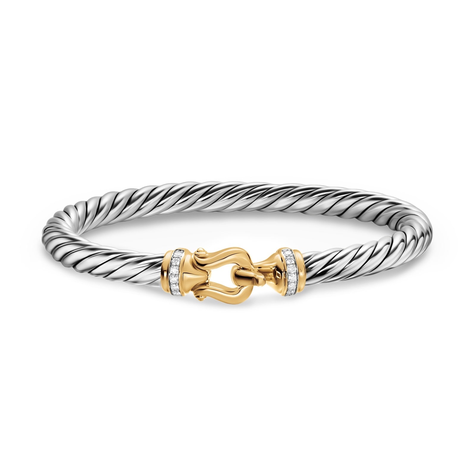 David Yurman Cable Flex Buckle Bracelet In Sterling Silver And 14ct Yellow Gold With Diamonds, 6mm David Yurman Cable Flex Buckle Bracelet In Sterling Silver And 14ct Yellow Gold With Diamonds, 6mm