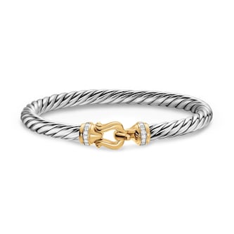 David Yurman Cable Flex Buckle Bracelet In Sterling Silver And 14ct Yellow Gold With Diamonds, 6mm David Yurman Cable Flex Buckle Bracelet In Sterling Silver And 14ct Yellow Gold With Diamonds, 6mm