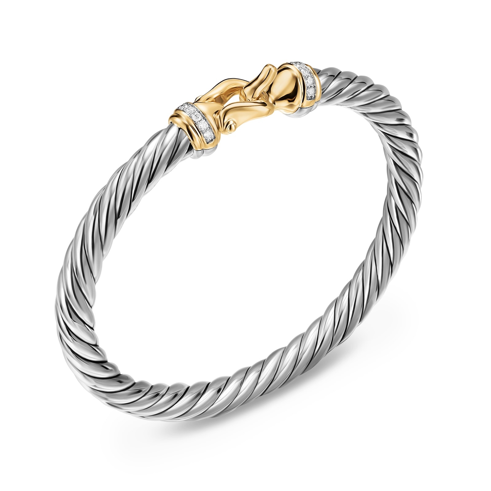 David Yurman Cable Flex Buckle Bracelet In Sterling Silver And 14ct Yellow Gold With Diamonds, 6mm David Yurman Cable Flex Buckle Bracelet In Sterling Silver And 14ct Yellow Gold With Diamonds, 6mm