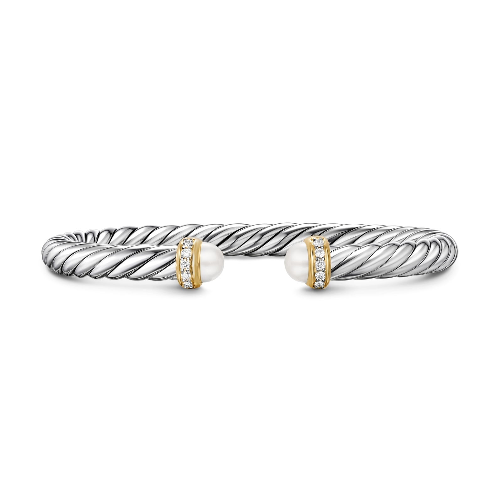 David Yurman Cable Flex Bracelet In Sterling Silver And 14ct Yellow Gold With Diamonds & Pearl, 6mm David Yurman Cable Flex Bracelet In Sterling Silver And 14ct Yellow Gold With Diamonds & Pearl, 6mm