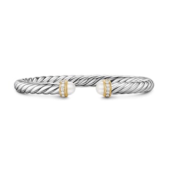 David Yurman Cable Flex Bracelet In Sterling Silver And 14ct Yellow Gold With Diamonds & Pearl, 6mm David Yurman Cable Flex Bracelet In Sterling Silver And 14ct Yellow Gold With Diamonds & Pearl, 6mm