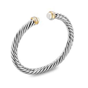 David Yurman Cable Flex Bracelet In Sterling Silver And 14ct Yellow Gold With Diamonds & Pearl, 6mm David Yurman Cable Flex Bracelet In Sterling Silver And 14ct Yellow Gold With Diamonds & Pearl, 6mm