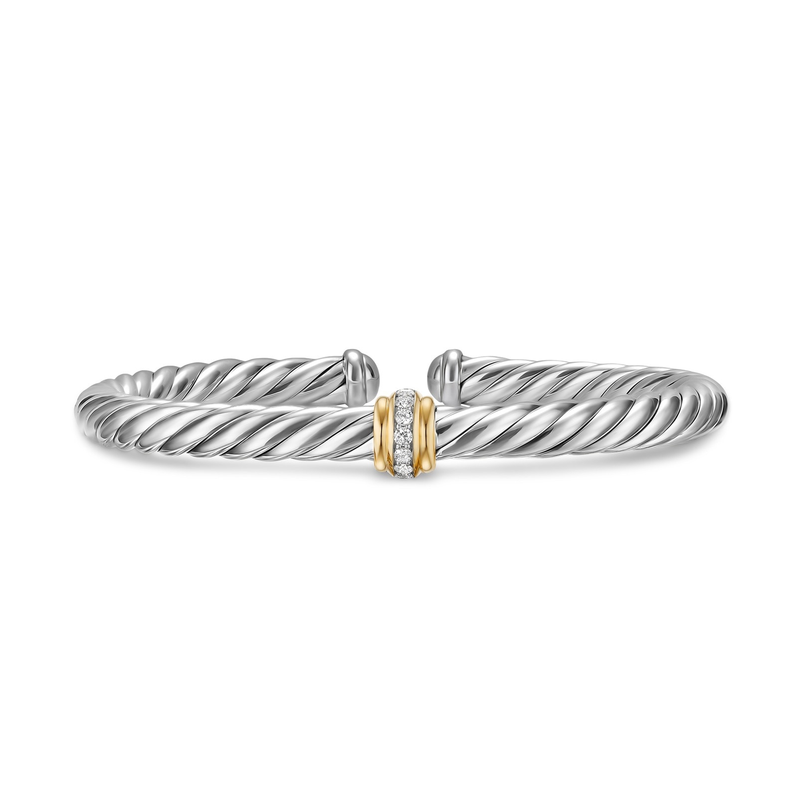 David Yurman Cable Flex Centre Station Bracelet In Sterling Silver And 14ct Yellow Gold With Diamonds, 6mm David Yurman Cable Flex Centre Station Bracelet In Sterling Silver And 14ct Yellow Gold With Diamonds, 6mm