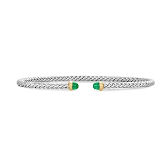 David Yurman Micro Cable Flex® Bracelet In Sterling Silver With 14ct Yellow Gold And Emeralds, 2.6mm