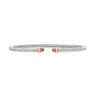 David Yurman Micro Cable Flex® Bracelet In Sterling Silver With 14ct Yellow Gold And Pink Tourmaline, 2.6mm
