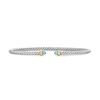 David Yurman Micro Cable Flex® Bracelet In Sterling Silver With 14ct Yellow Gold And Aquamarine, 2.6mm