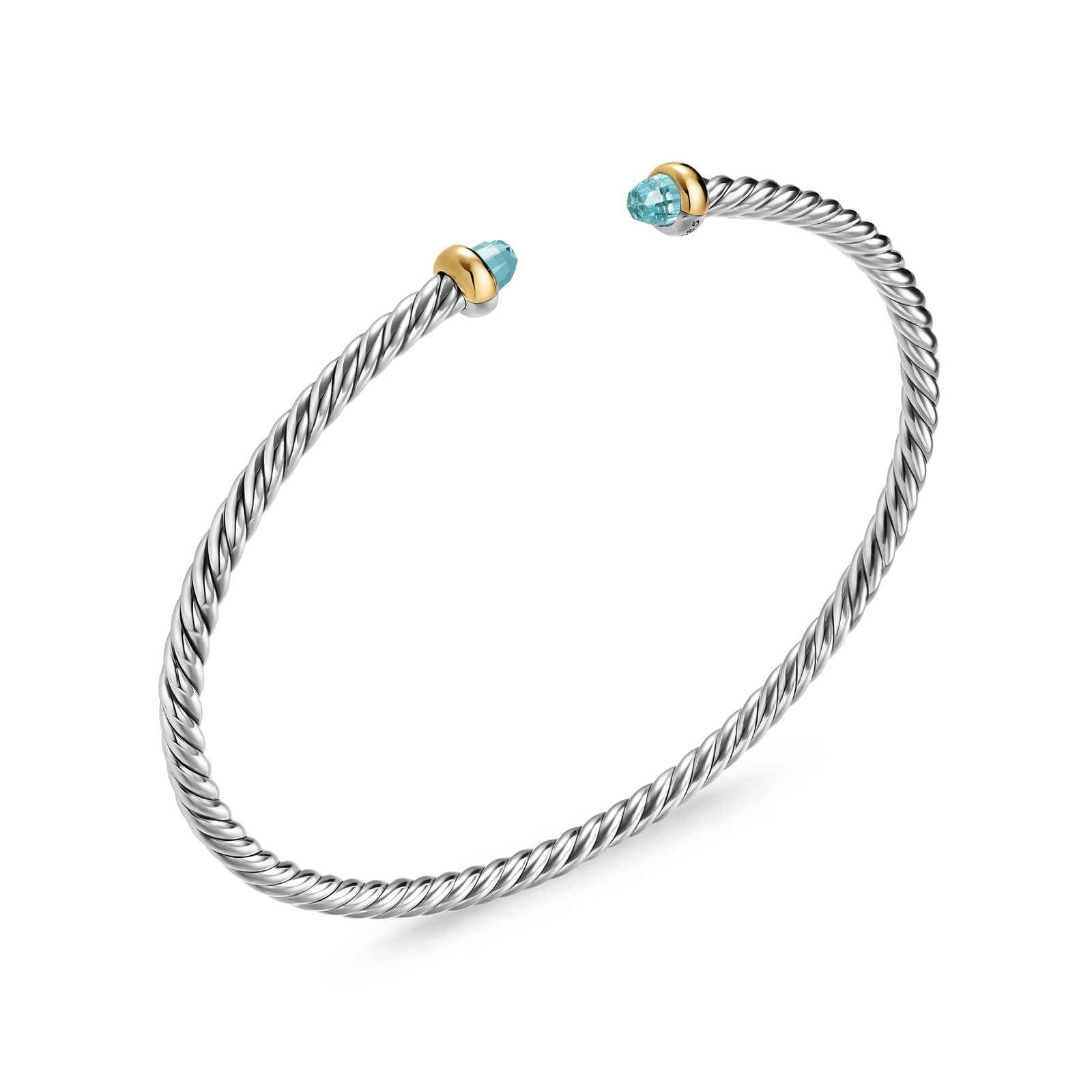 David Yurman Micro Cable Flex® Bracelet In Sterling Silver With 14ct Yellow Gold And Aquamarine, 2.6mm