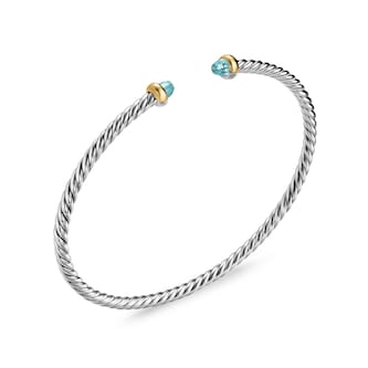 David Yurman Micro Cable Flex® Bracelet In Sterling Silver With 14ct Yellow Gold And Aquamarine, 2.6mm