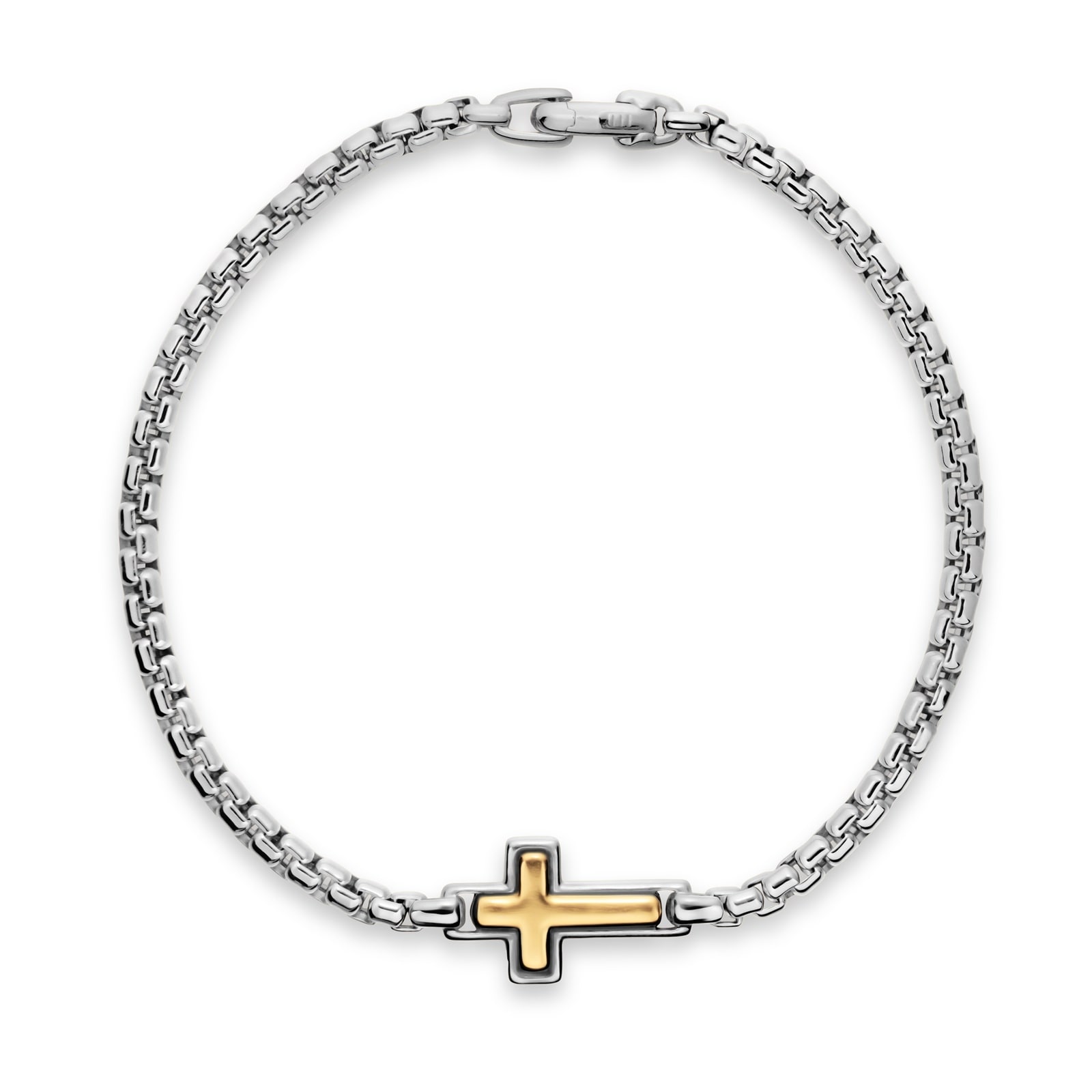 David Yurman Cross Station Box Chain Bracelet In Sterling Silver And 14ct Yellow Gold, 3.6mm David Yurman Cross Station Box Chain Bracelet In Sterling Silver And 14ct Yellow Gold, 3.6mm