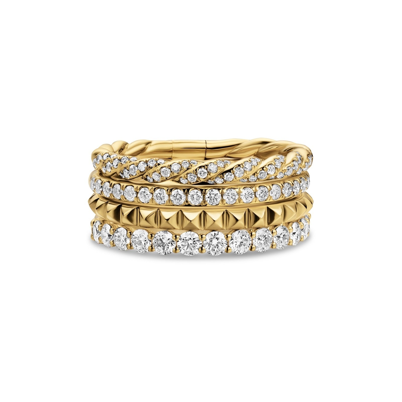 David Yurman Petite Pave Four Row Pyramid Ring In 18ct Yellow Gold With Diamonds, 8.6mm - Ring Size 7 David Yurman Petite Pave Four Row Pyramid Ring In 18ct Yellow Gold With Diamonds, 8.6mm - Ring Size 7