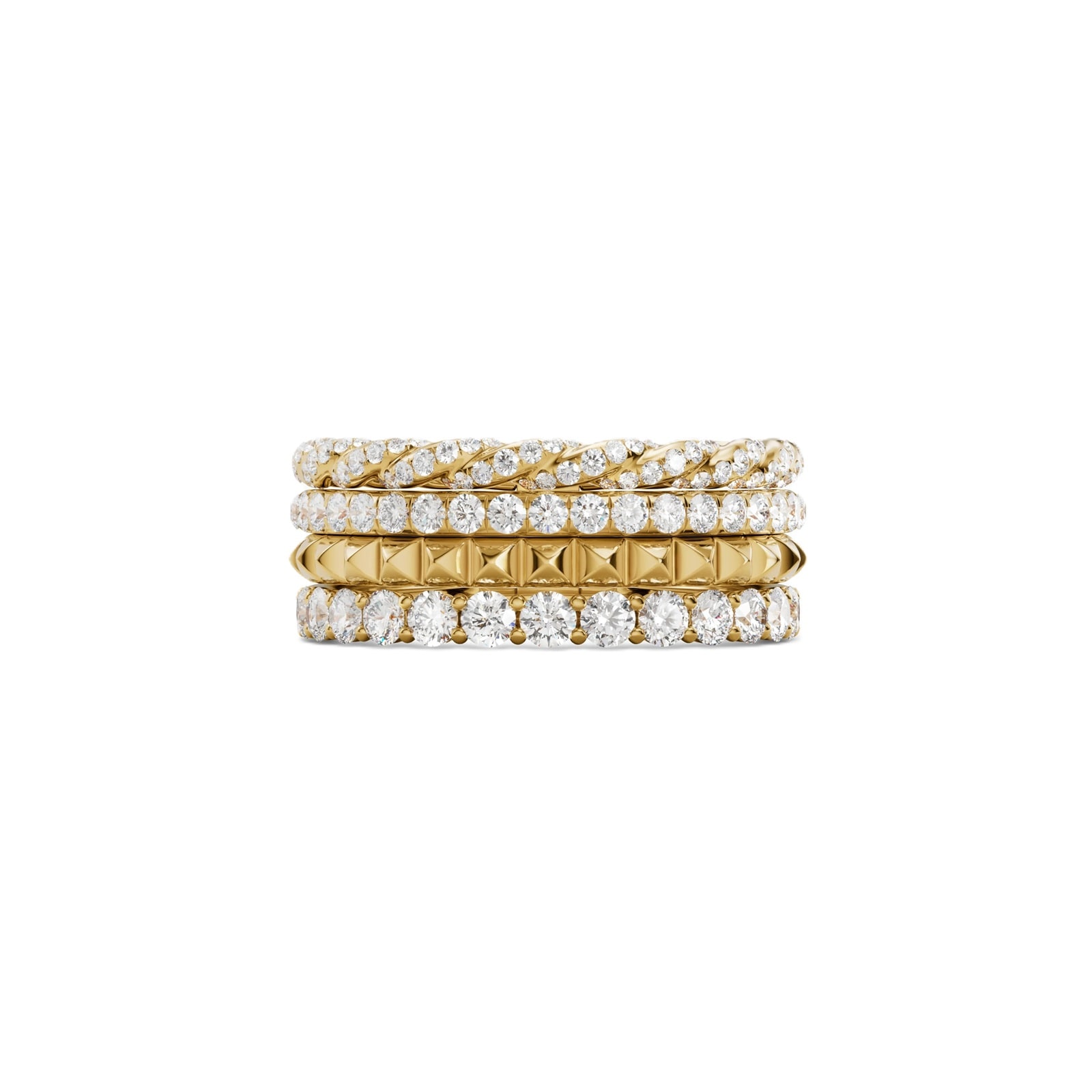David Yurman Petite Pave Four Row Pyramid Ring In 18ct Yellow Gold With Diamonds, 8.6mm - Ring Size 7 David Yurman Petite Pave Four Row Pyramid Ring In 18ct Yellow Gold With Diamonds, 8.6mm - Ring Size 7