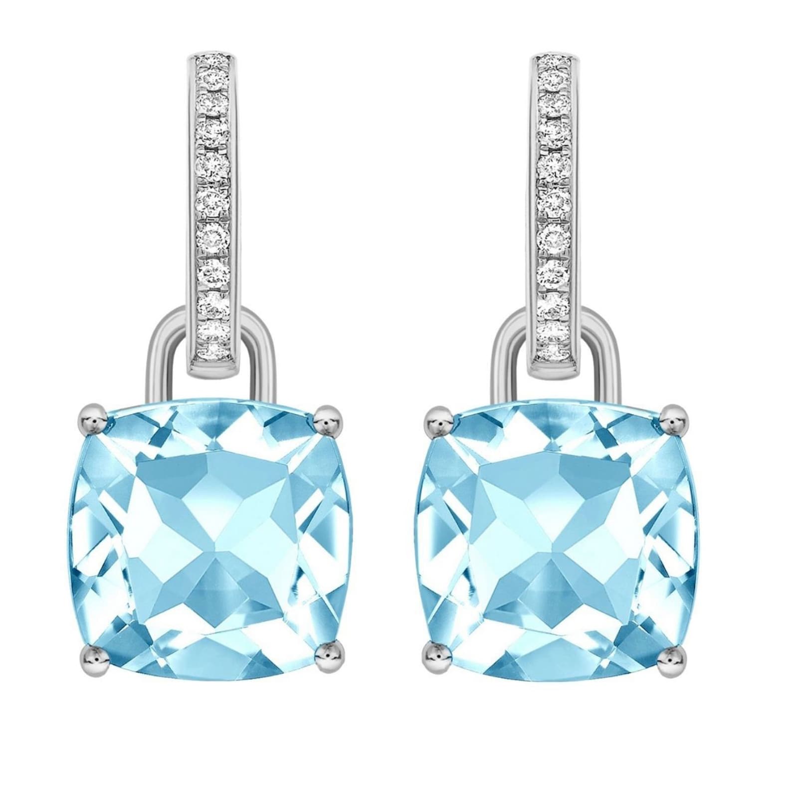 Kiki Classics 18ct White Gold, Cushion Cut Blue Topaz & 0.13cttw Diamond Detachable Hoop Earrings