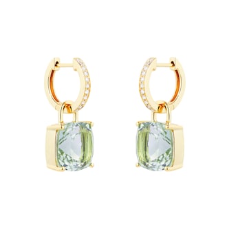 Kiki McDonough Kiki Classics 18ct Yellow Gold Cushion Cut Green Amethyst & 0.13cttw Diamond Detachable Hoop Earrings