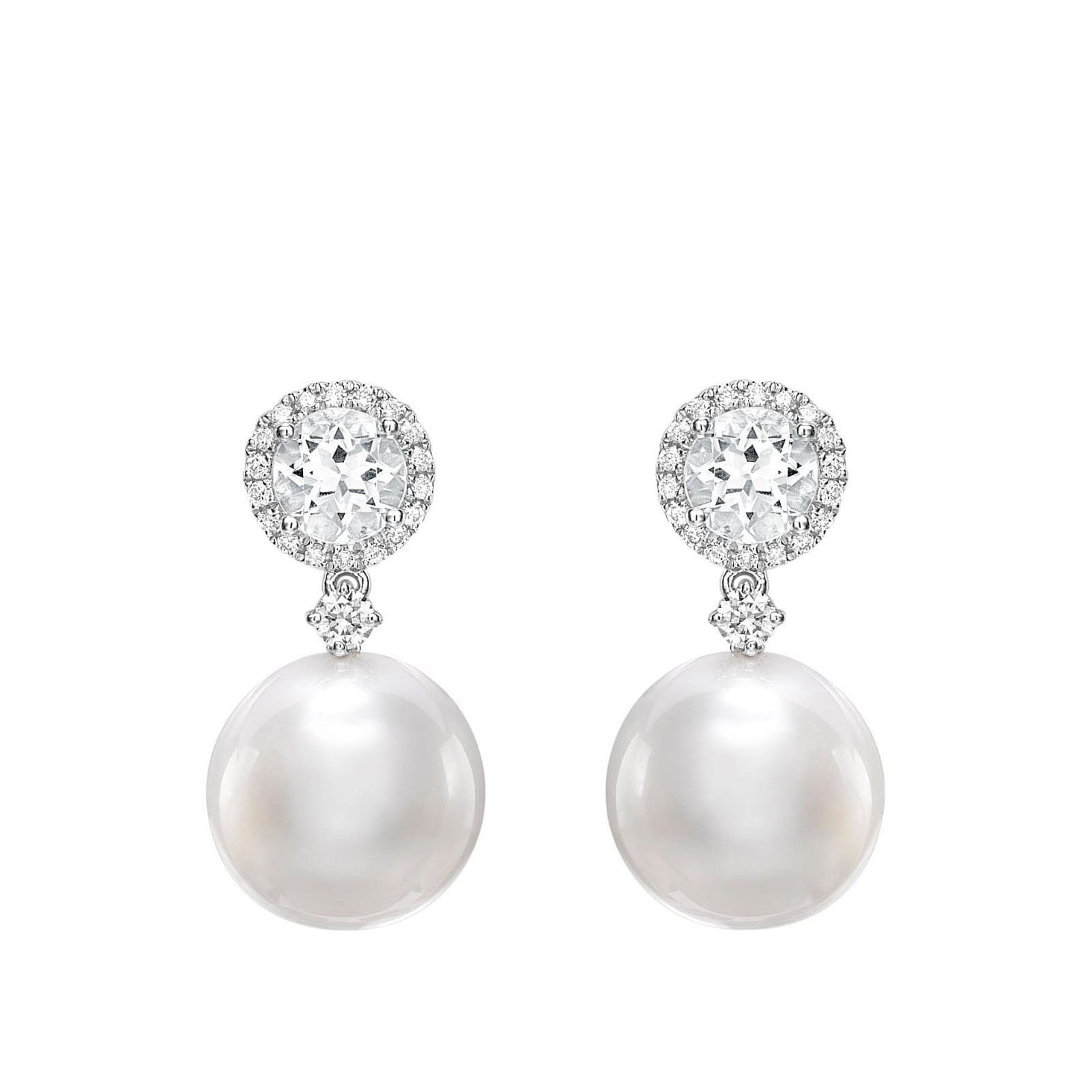 Pearls 18ct White Gold, White Topaz & 0.23cttw Diamond Pearl Drop Earrings
