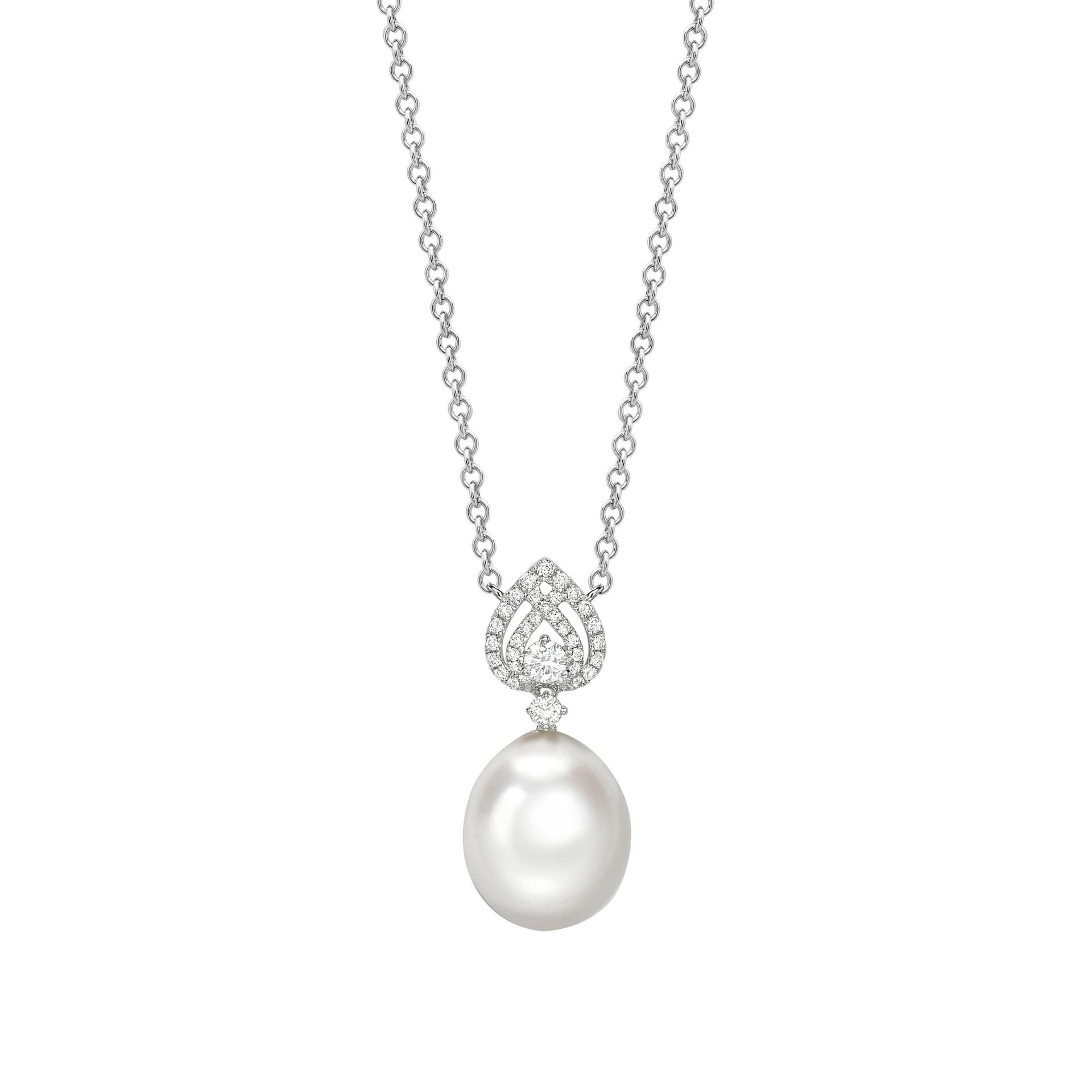 Pearls 18ct White Gold, Pearl & Tiered Pear 0.29cttw Diamond Detail Necklace