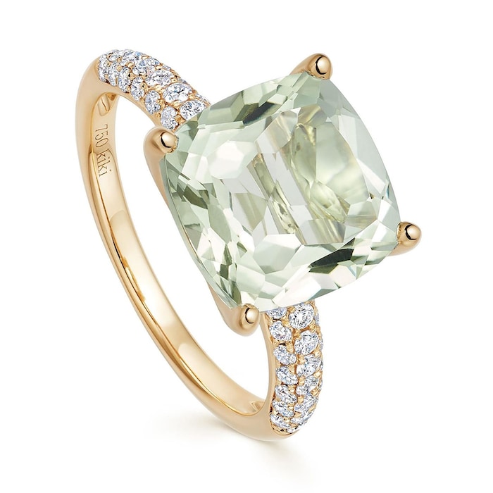 Kiki McDonough Kiki Cushion 18ct Yellow Gold, Tapered Diamond Shoulders & Green Amethyst Ring - Ring Size M