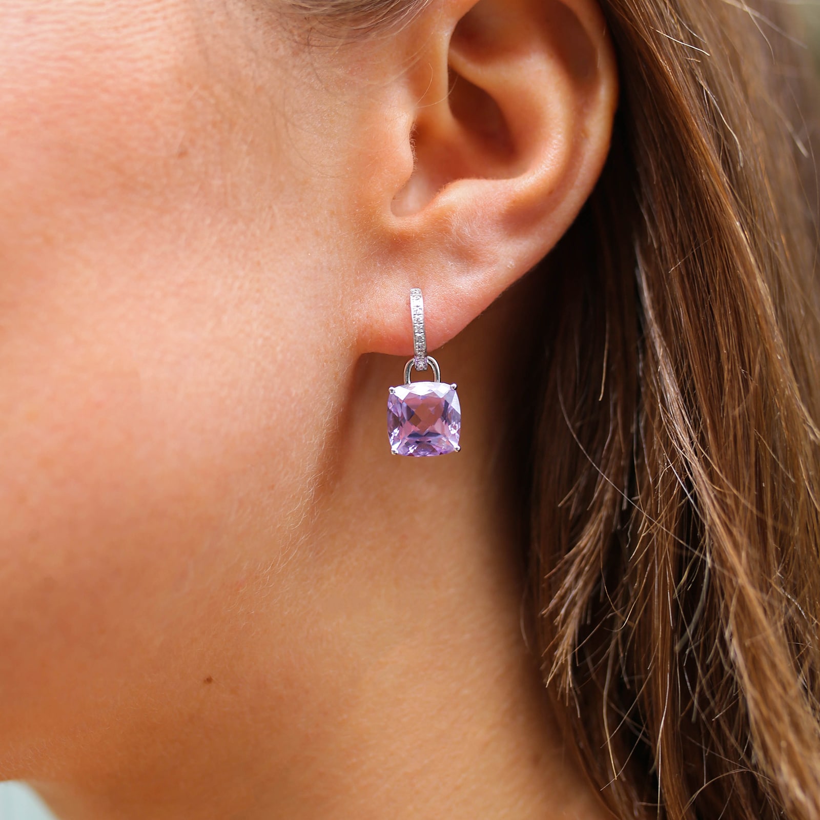 Kiki McDonough Kiki Classics 18ct White Gold, Cushion Cut Lavender Amethyst & 0.13cttw Diamond Detachable Hoop Earrings Kiki McDonough Kiki Classics 18ct White Gold, Cushion Cut Lavender Amethyst & 0.13cttw Diamond Detachable Hoop Earrings
